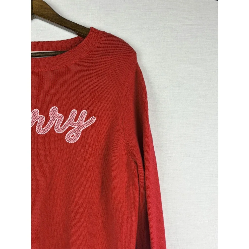 LOFT Womens Red Merry Graphic Knit Crewneck‎ Sweater Holiday Christmas Large